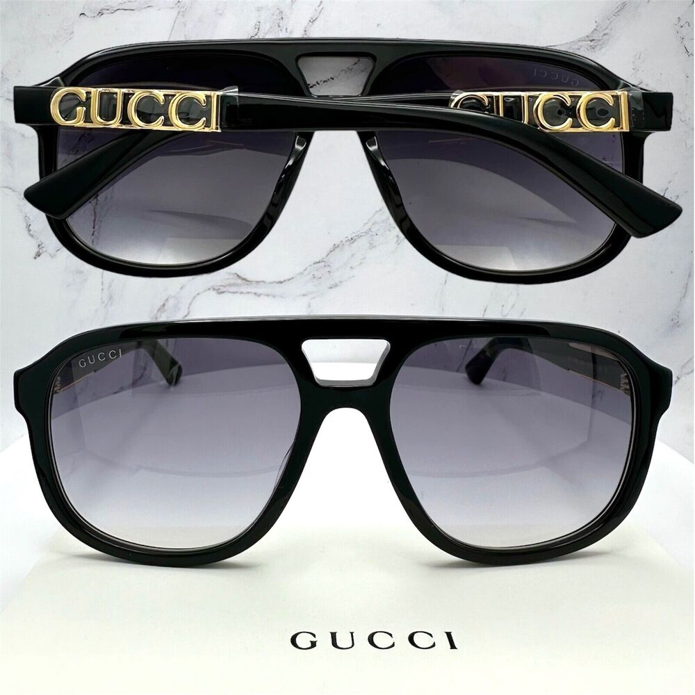 New GUCCI Sunglasses Black Acetate Pilot Aviator 58mm Navigator Gold Metal Logo - Picture 3 of 16